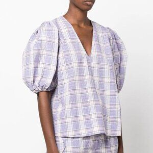 Ganni Women's Check-Patterned Puff Sleeve Blouse, XL NWT